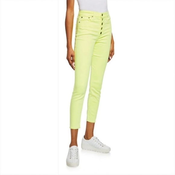 NWT Alice + Olivia Good High-Rise Button Fly Skinny Jean in Neon Yellow Size 31 - Picture 1 of 13
